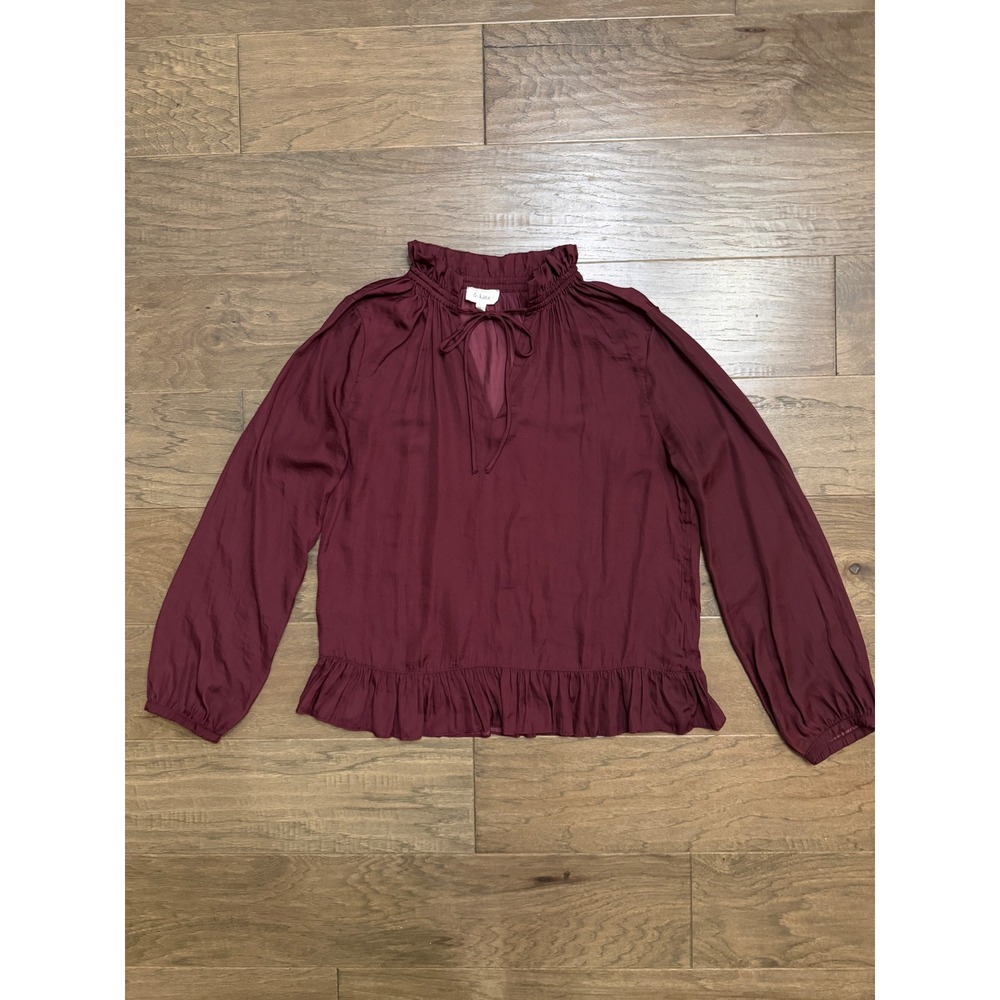 Le‎ Kate Burgundy Smocked Ruffle Neck Tie Front Long Sleeve Blouse Large AT3025